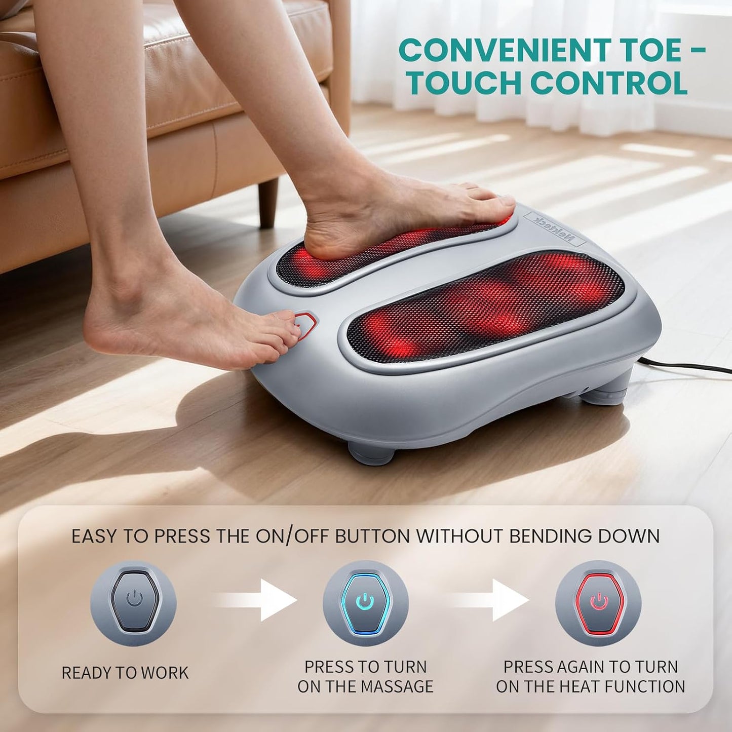 Nekteck Foot Massager with Heat, HSA Eligible FSA Massage Tools Gifts | Shiatsu Heated Electric Kneading Foot Massager Machine for Plantar Fasciitis, Built-in Infrared Heat Function and Power Cord