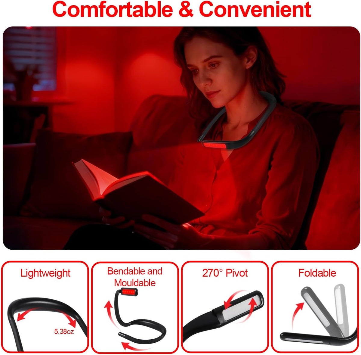 630nm Red Neck Reading Light - Zero Blue Light, Rechargeable Dimmable Portable LED Red Neck Book Lamp for Reading, Crafts, Knitting, Crochet at Night, Ideal Gift for Readers and Craft Lovers