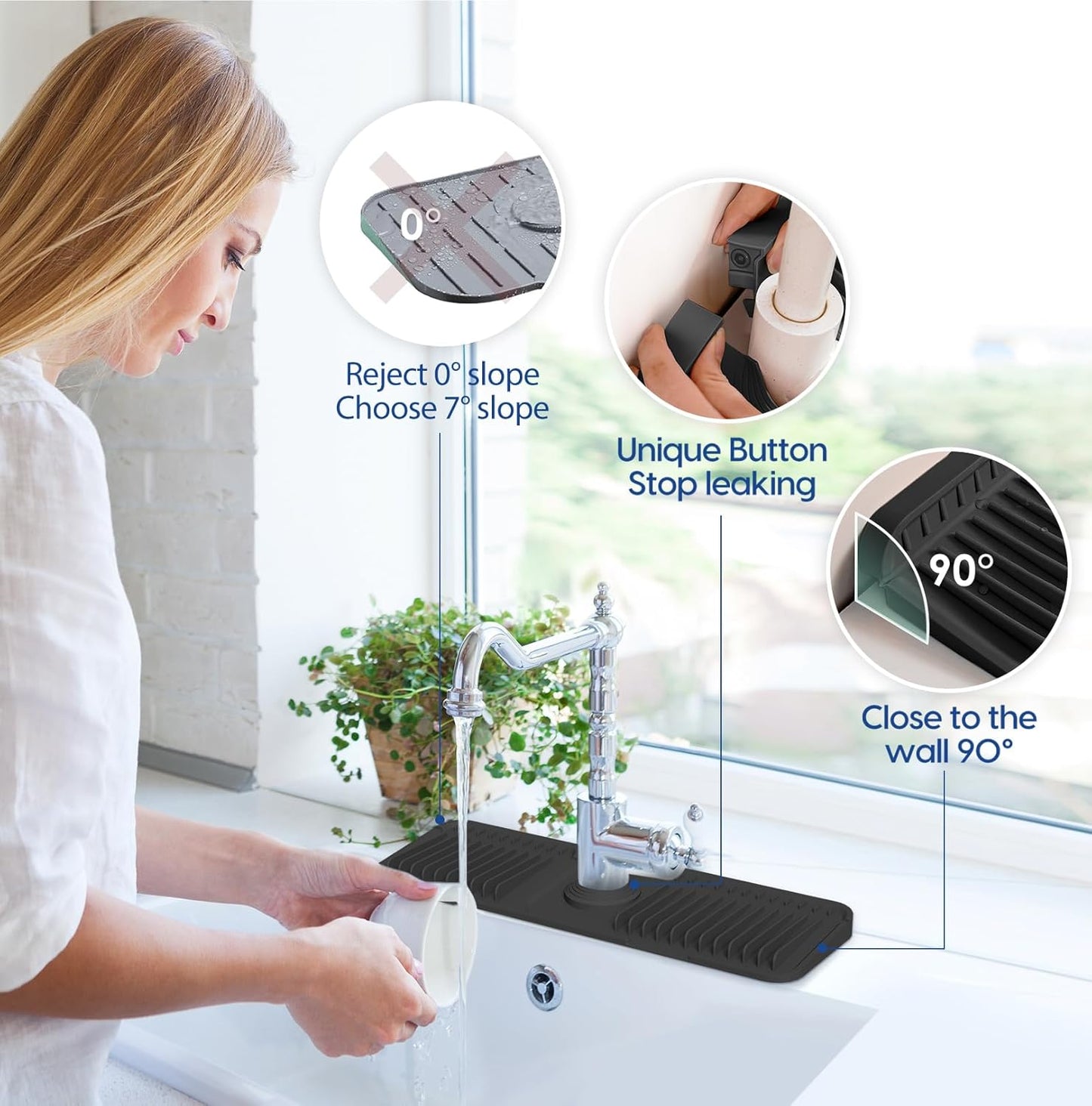 24-Inch Silicone Faucet Mat for Kitchen Sink Splash Guard, 7° Slope | 24"x5.5" water draining mat with fasten button; 1.6-2.75" customizable hole for bathroom, RV & kitchen sink drip catcher.