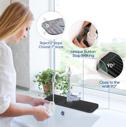 24-Inch Silicone Faucet Mat for Kitchen Sink Splash Guard, 7° Slope | 24"x5.5" water draining mat with fasten button; 1.6-2.75" customizable hole for bathroom, RV & kitchen sink drip catcher.