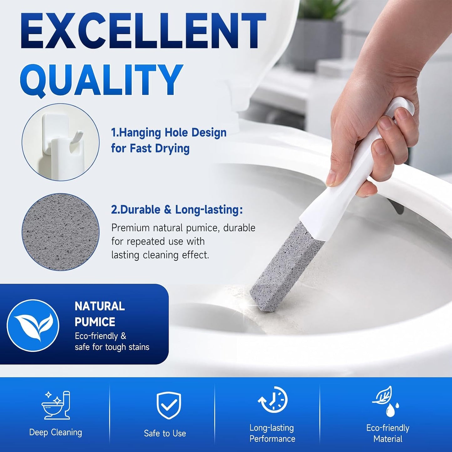8 Pack Pumice Stone Toilet Bowl Cleaner with 2 Replaceable Long Handles | Remove Limescale, Rust & Hard Water Rings, Scratch‑Free, Natural Material, Multi‑Surface for Tub, Sink, Grill, Pool Tile