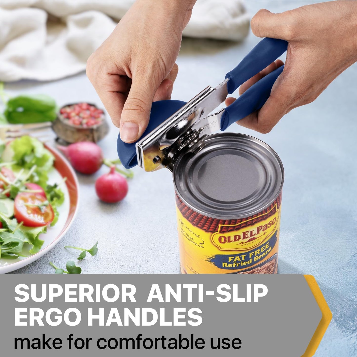 UHIYEE Heavy Duty Hand Can Opener with Comfortable Grip for Seniors, Black | Manual Can Opener, Hardened Steel Blade, Rubber-Coated Handle, Oversize Knob, Built-in Magnet & Bottle Opener