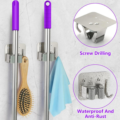 Stainless Steel Broom Holder, Heavy Duty, Rust Resistant, 4 Gripper Positions with 4 Hooks, Black | Drill-Mounted Gripper Rack Holds Brooms, Mops and Garden Tools Safely in the Laundry Room, Kitchen, Garage, Garden and Shed