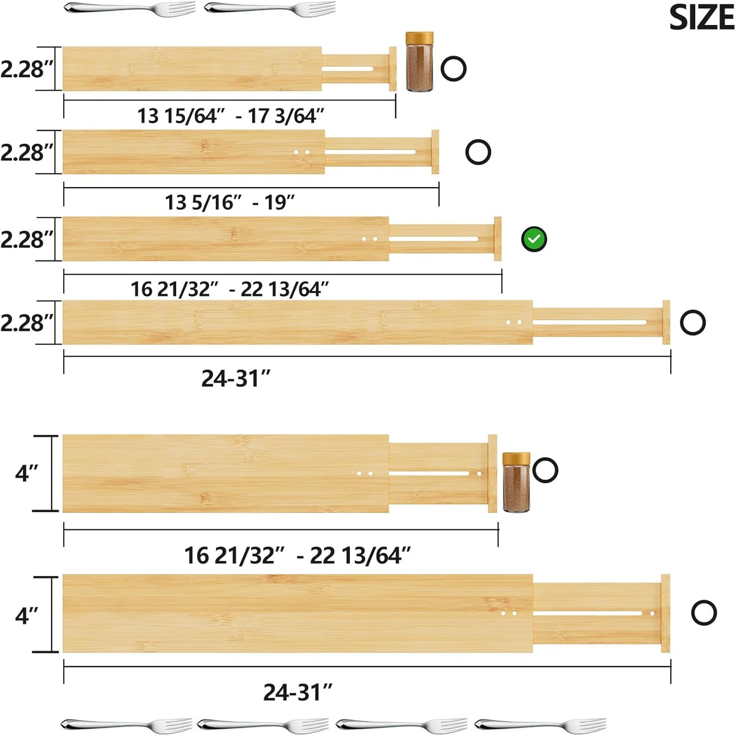 BAMEOS Bamboo Expandable Drawer Dividers – Fits 16.6"–22" Drawers, 2" High, Set of 4 | Spring-Loaded Bamboo Separator for Kitchen Island, Bathroom Vanity & Dresser Drawers