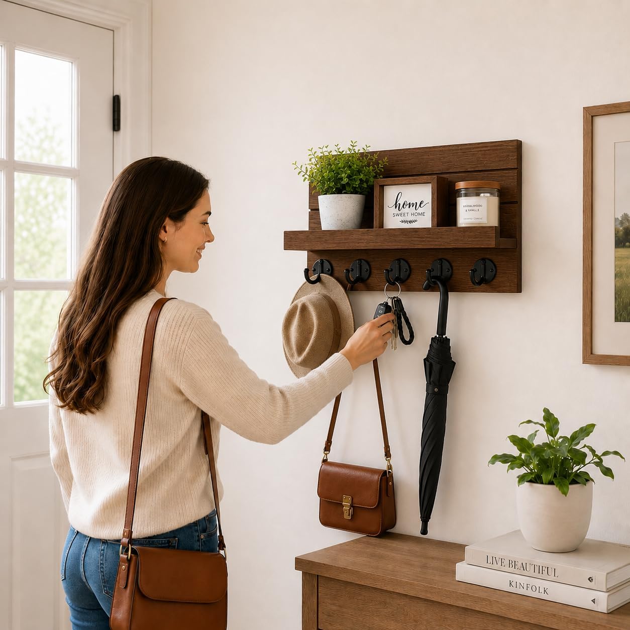 Key Holder for Wall, Decorative Key and Mail Holder, Key Holder Wall Mount with Shelf and Large Hooks, Easy Installation Key Rack for Entryway and Home Decor