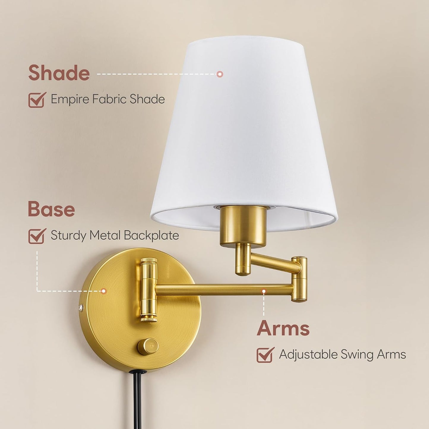 VONLUCE Wall Lamp, Plug in & Swing Arm Wall Sconce, Nickel Finish | Modern Wall Lights with White Fabric Shades, Plug in & Hardwired Wall Mounted Light for Bedside, Living Room, Hallway