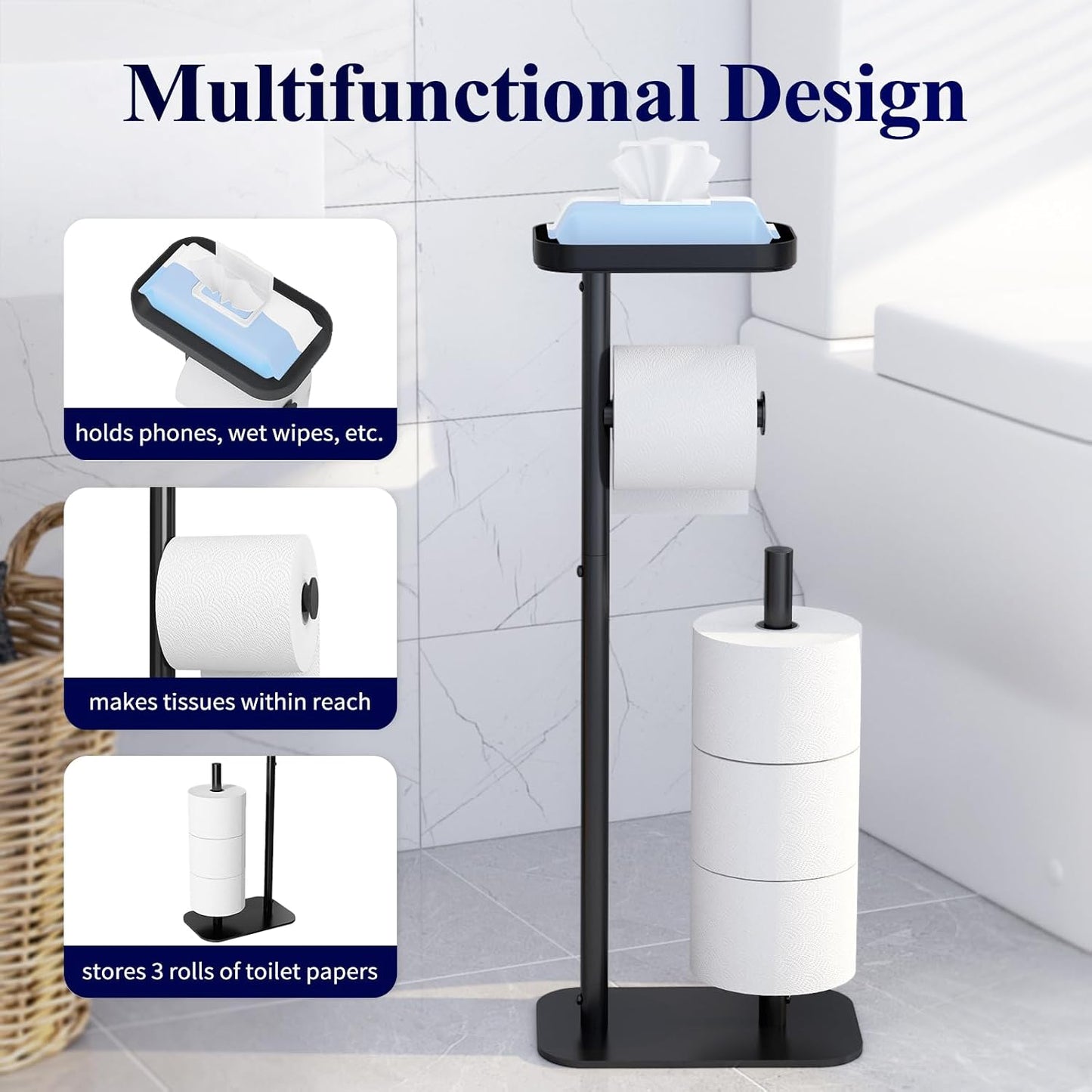 Kitsure Metal Toilet Paper Holder Free Standing, Medium, Black | Rustproof Toilet Paper Stand for 4 Rolls, Bathroom Organizers and Storage with Anti-Slip Base and Plastic Shelf
