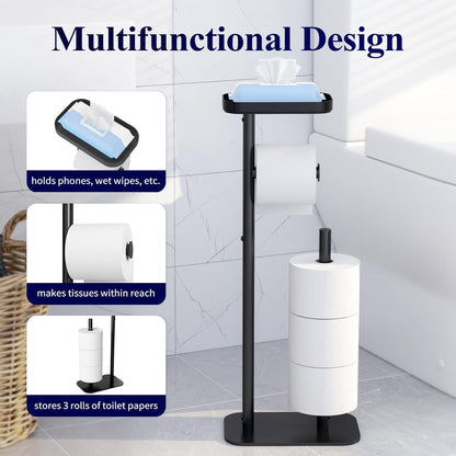 Kitsure Metal Toilet Paper Holder Free Standing, Medium, Black | Rustproof Toilet Paper Stand for 4 Rolls, Bathroom Organizers and Storage with Anti-Slip Base and Plastic Shelf