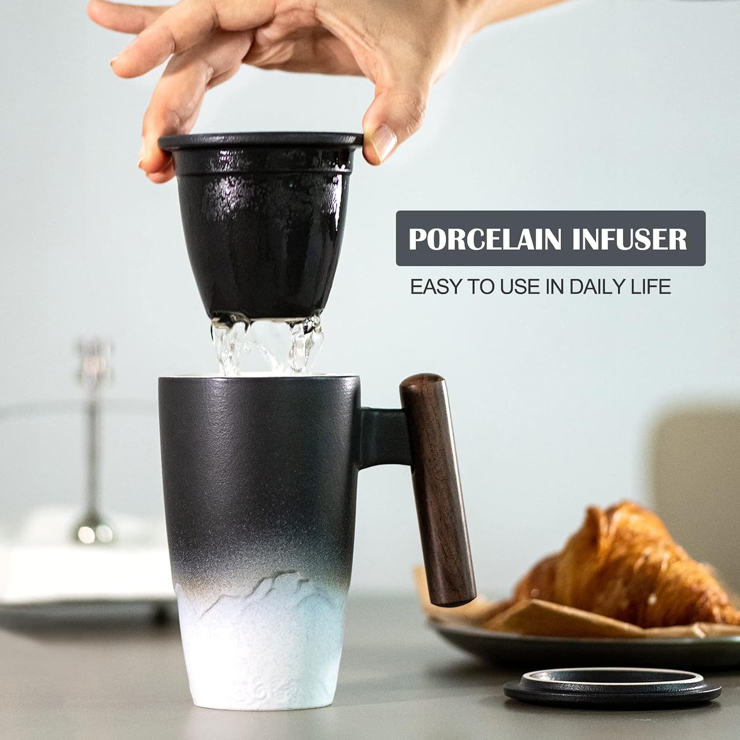 suyika Ceramic Tea Cup with Infuser and Lid Tea Mugs Wooden Handle 400ml/13.5oz Dark Green