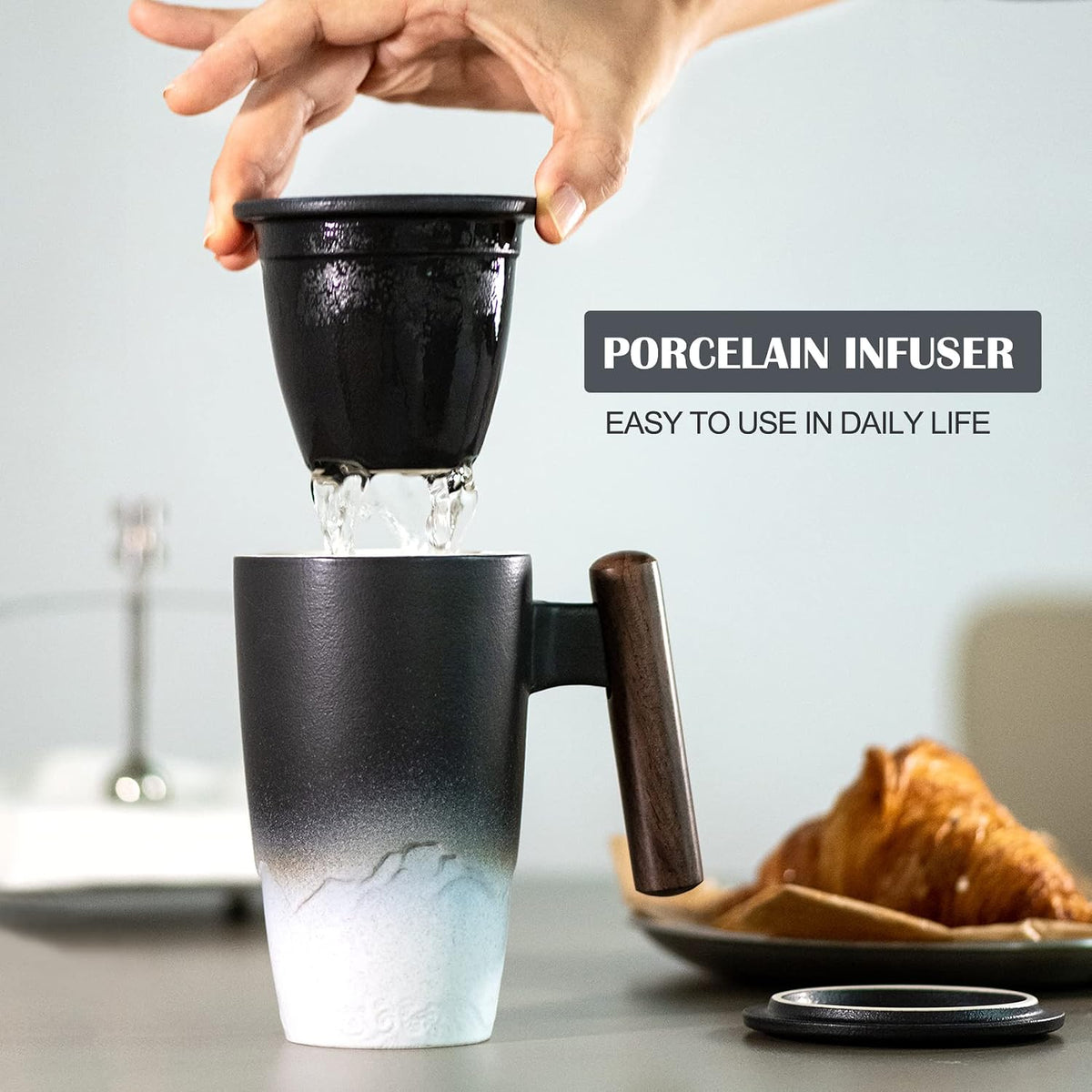 suyika Ceramic Tea Cup with Infuser and Lid Tea Mugs Wooden Handle 400ml/13.5oz Dark Green