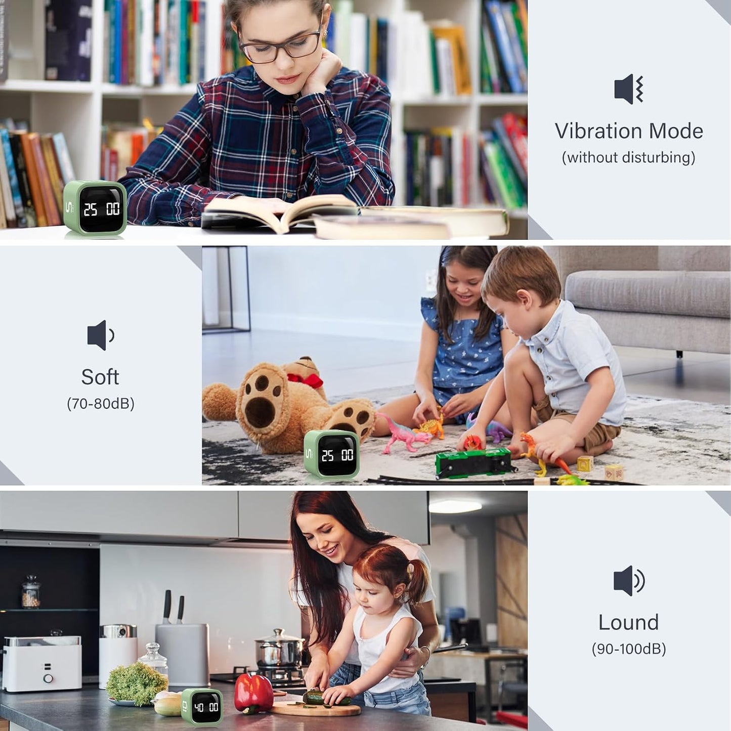 Rotating Pomodoro Timer 5, 25, 10 50 Minutes Preset, Desk Productivity Flip Timer, ADHD Tool Cube Countdown Stopwatch, Vibration/High/Low Volume/Custom Modes, for Work, Study, Back to School, Kitchen