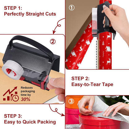 2-in-1 Wrapping Paper Cutter & Tape Dispenser, with 4 Tapes & 2 Blades ﻿ ﻿ | Sliding Gift Wrap Roll Cutter Tool with Replacement Parts, Safe & Precise Cutting for Christmas, Birthday, Crafts & Office,