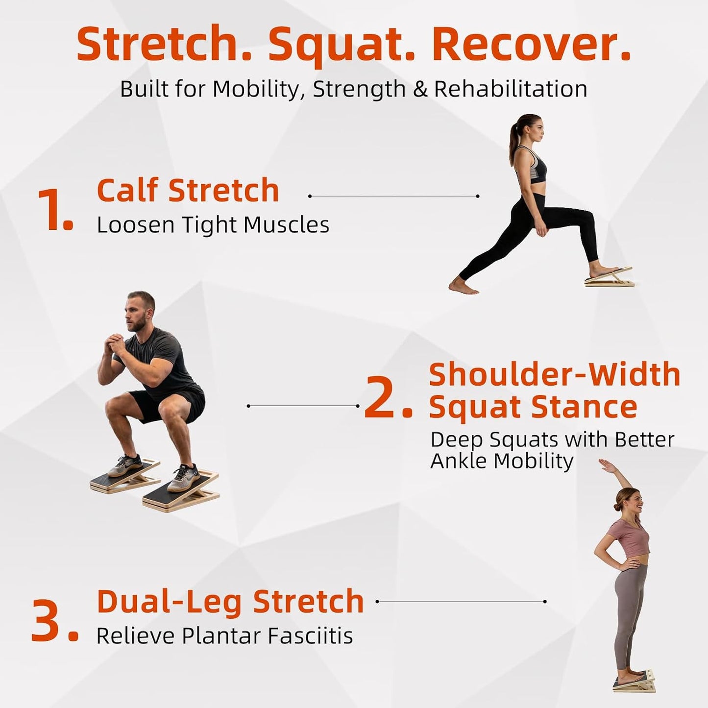 Slant Board for Exercise, Split Calf Stretcher for Physical Therapy | Split design for shoulder-width stance, single-leg rehab, ankle mobility, squats, non-slip wood, adjustable incline.