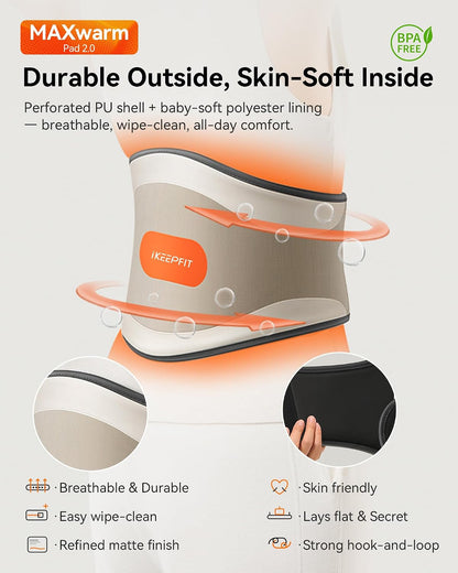 IKEEPFIT Portable Heating Pad for Back & Period Cramps, MAXwarm 2.0, Cordless Lower Back & Menstrual Heated Pad with Massager for Pain Relief, Wearable Heat Belt, Extra Large 70" (Grey)