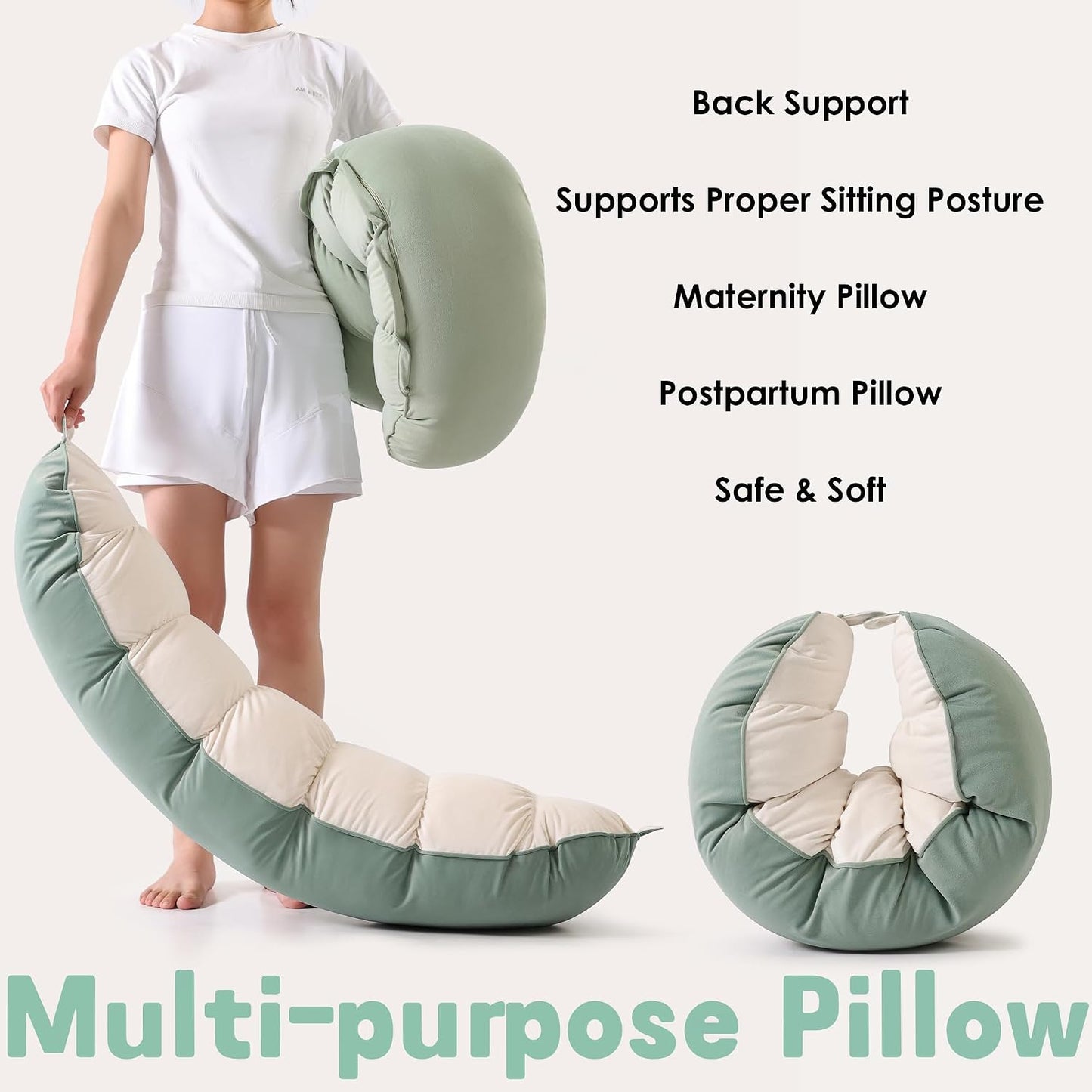 Peallow(Pat. Pend) – Long Round Body Pillow for Adults, Bolster Pillow for Sleeping, Soft and Supportive Pillow for Sleeping & Lumbar Support (Green-White, 29.5")
