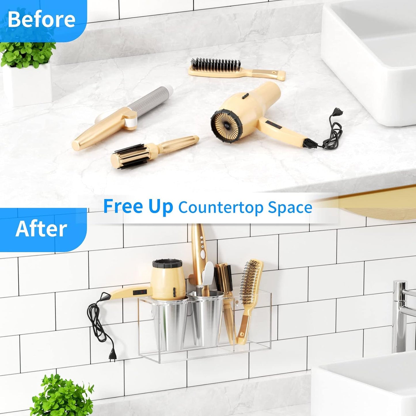 NIUBEE Hair Tool Organizer Wall Mount, Hair Dryer Holder for Bathroom,White | Acrylic Hair Organizer Storage Countertop, Blow Dryer Holder, Hot Tools Organizer for Curling Iron, Brush, 2 Stainless Cups