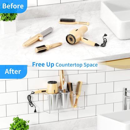 NIUBEE Hair Tool Organizer Wall Mount, Hair Dryer Holder for Bathroom,White | Acrylic Hair Organizer Storage Countertop, Blow Dryer Holder, Hot Tools Organizer for Curling Iron, Brush, 2 Stainless Cups