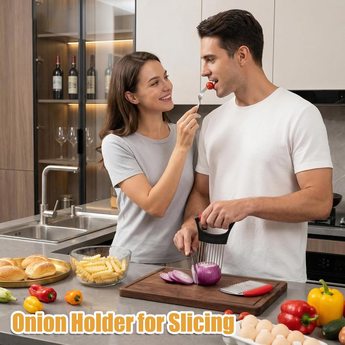 Onion Holder for Slicing, Stainless Steel Guide with French Fry Cutter | Onion holder for slicing guides even cuts and helps protect fingers; includes a wavy cutter for fries and vegetables.