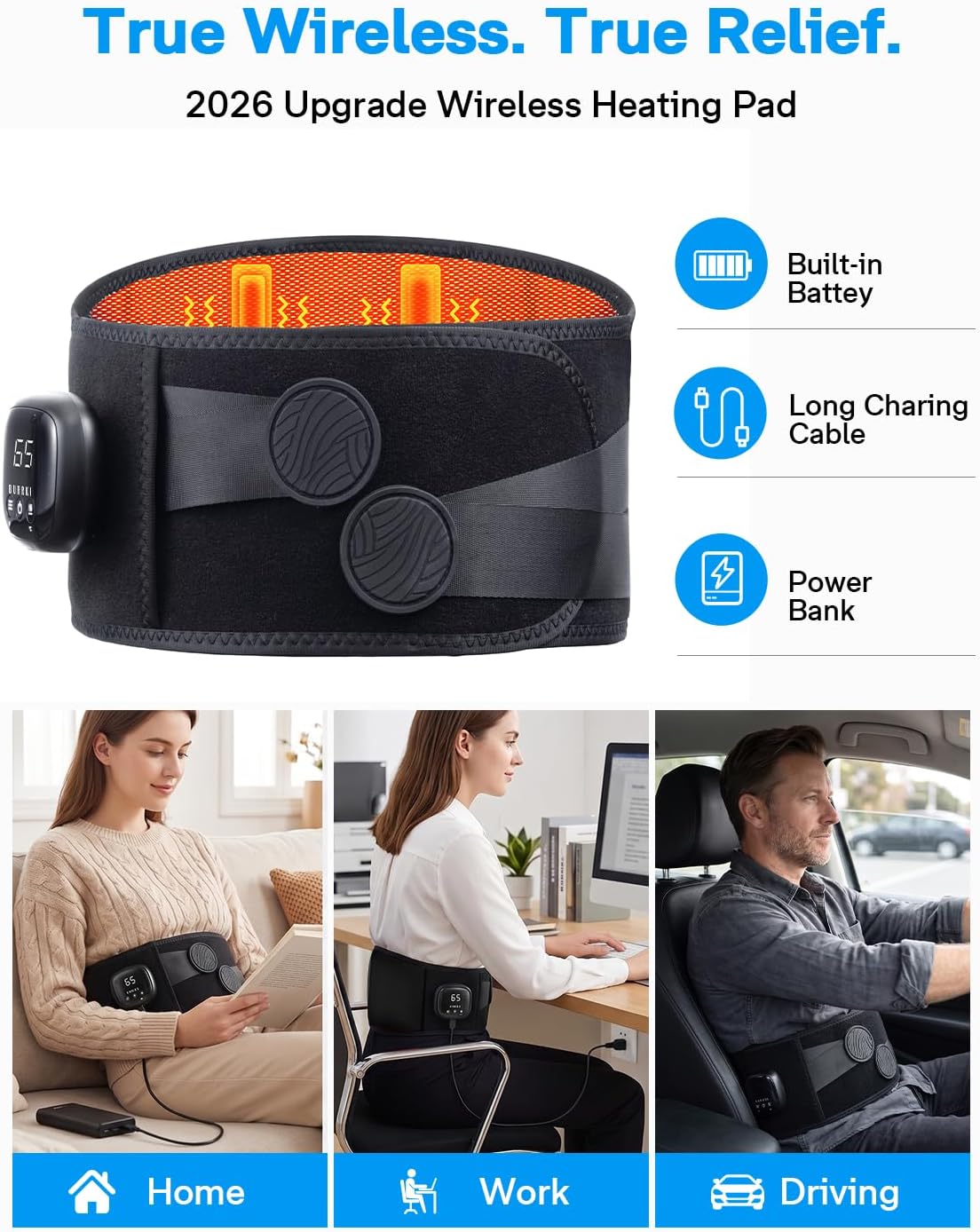 Cordless Heating Pad with Massager for Back Pain Relief, Gift for Women Men Mother Father, 47-60" Portable Lower Back Massager, Wearable Wireless Heating Pad for Cramps with 3 Heat&Timer, 5 Vibration