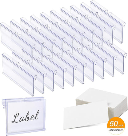 Meetory 50 PCS Clear Plastic Label Holders for Wire Shelf Retail Price Label, Basket Bin Labels Clip On, Labels for Storage Bins, Merchandise Sign Display Holder for Supermarket,Label Papers Included