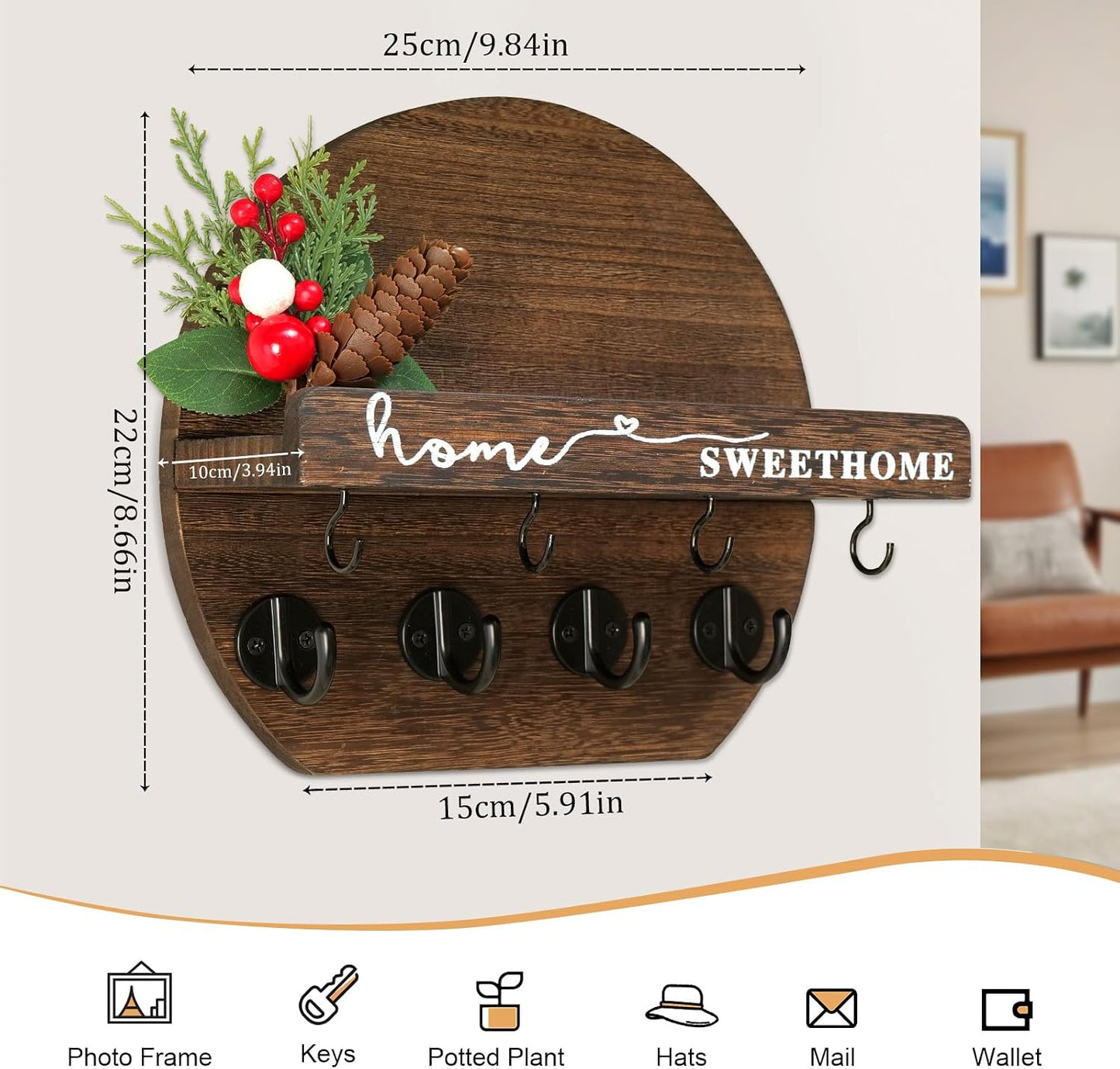 Key Holder for Wall, Key and Mail Holder Organizer - Key Holder Wall Mount with Bouquet Shelf and Key Hooks, Round Wooden Rustic Key Rack for Entryway and Home Decor (Black)