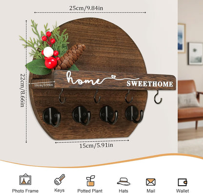 Key Holder for Wall, Key and Mail Holder Organizer - Key Holder Wall Mount with Bouquet Shelf and Key Hooks, Round Wooden Rustic Key Rack for Entryway and Home Decor (Black)
