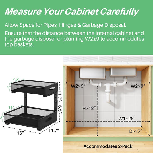 Under Sink Organizer, 2-Pack Pull Out Cabinet Organizer 2 Tier Metal Slide Out Storage Shelf Rack, L-Shaped Adjustable Height,Mesh Sliding Drawer for Kitchen, Bathroom, Laundry, Pantry, White, XL