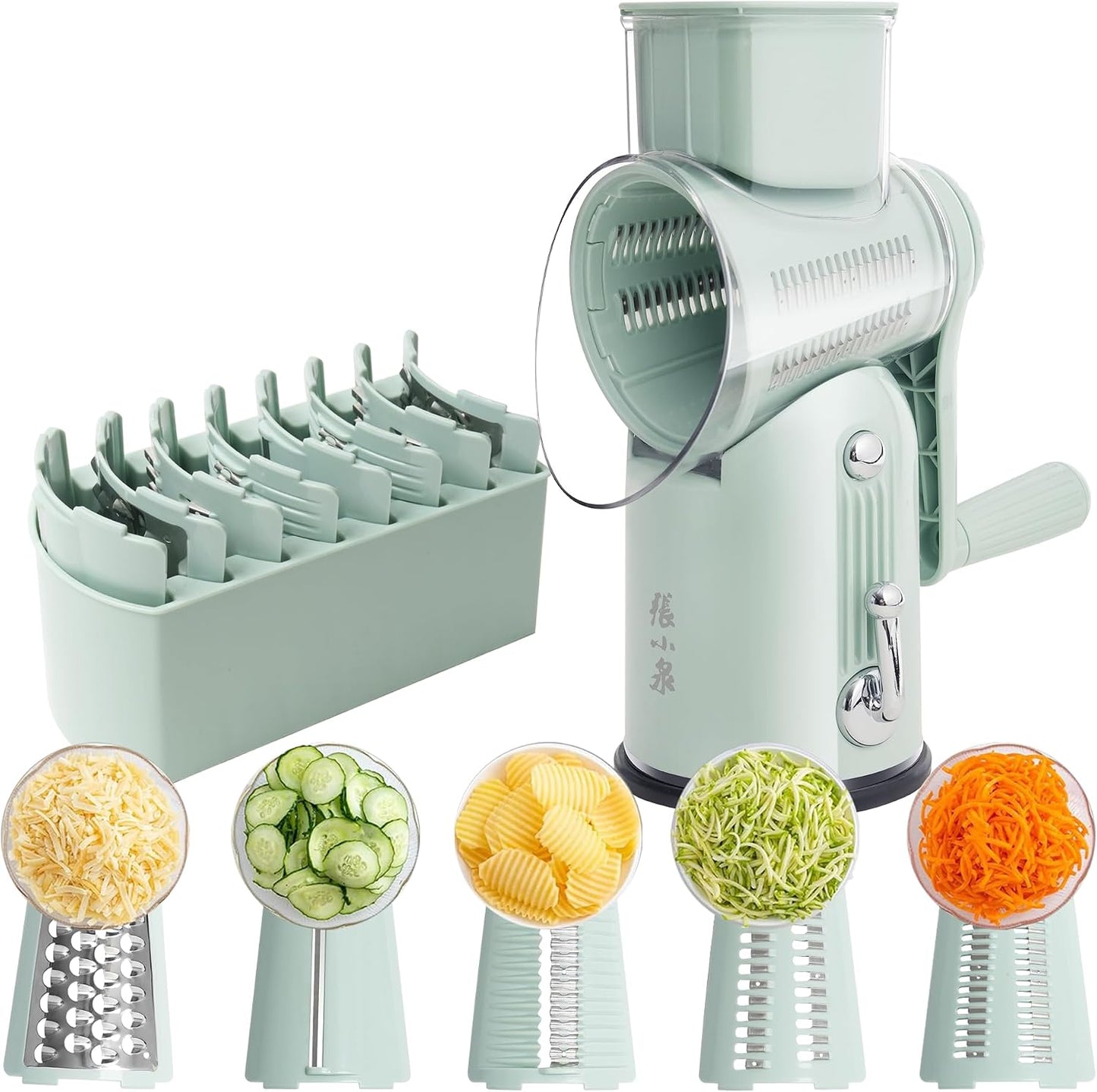 Rotary Cheese Grater Manual Hand Crank with 5 Blades & Suction Base, Kitchen Vegetable Shredder Slicer for Veggie, Nuts, Fruit, Cream