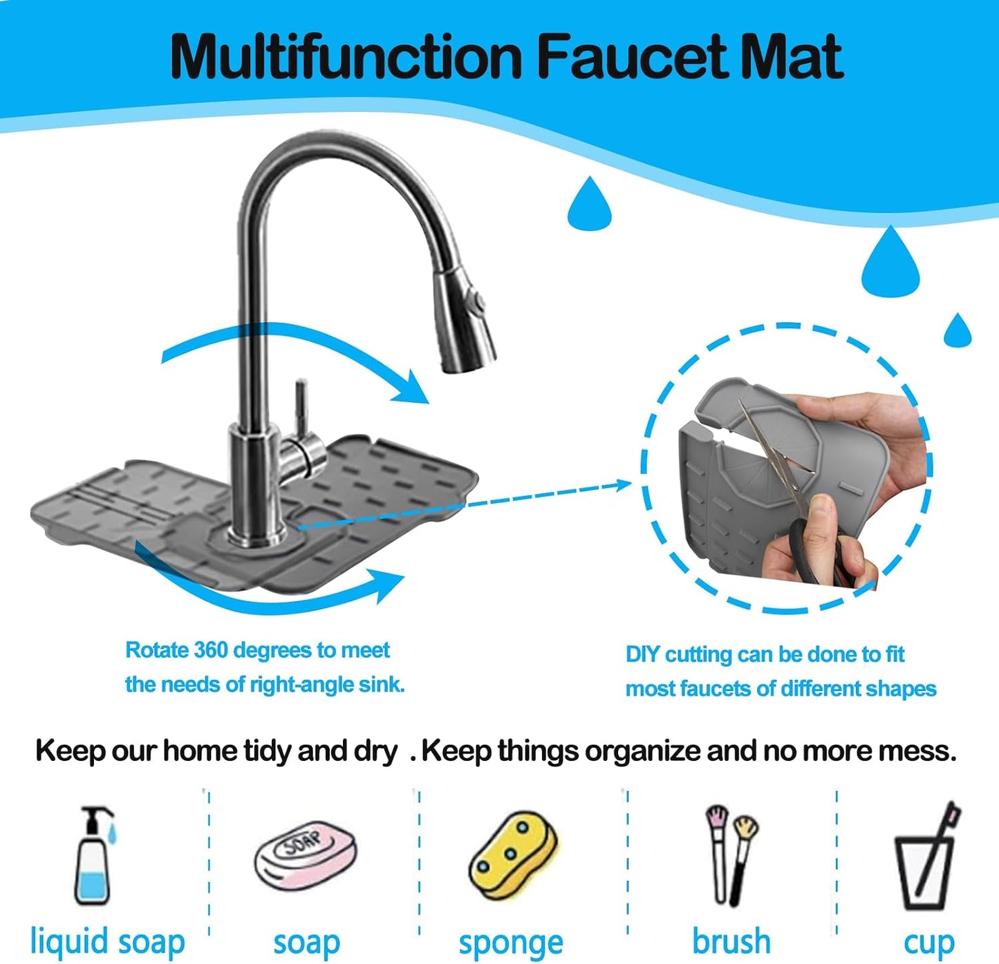 Mini Sink Splash Guard & Faucet Mat for Kitchen Sink Compact 8.3" Kitchen Faucet Splash Guard Mat, Small Kitchen Sink Organizer & Sponge Holder for Kitchen, Bathroom, Corner Sink (Black)