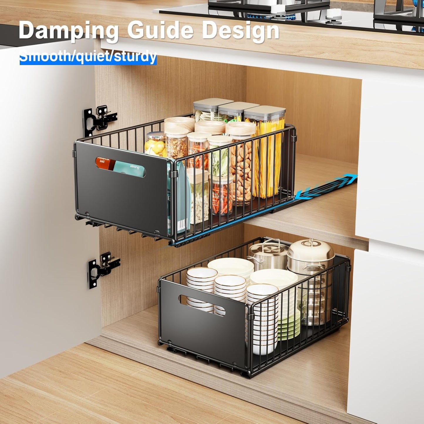Mustorn 2 Pack Pull Out Cabinet Organizer, Slide Out Drawers for Cabinets, Peel and Stick, Heavy Duty Shelves for Kitchen, Cupboard, Pantry, Bathroom (16.5"D*11.8"W*3.94"H-Black)