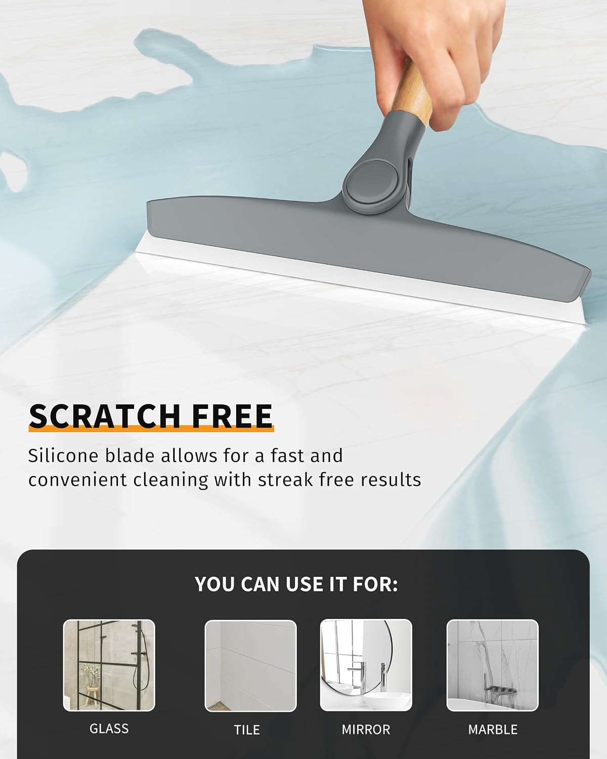 MR.SIGA Silicone Squeegee for Shower Door, Mirror, Glass, 10 inch, White | Streak free shower squeegee for windows, showers and glass surfaces, pivoting bamboo handle, includes 1 suction hook