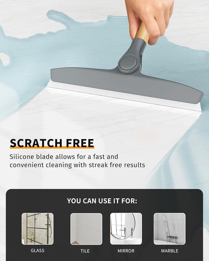 MR.SIGA Silicone Squeegee for Shower Door, Mirror, Glass, 10 inch, White | Streak free shower squeegee for windows, showers and glass surfaces, pivoting bamboo handle, includes 1 suction hook