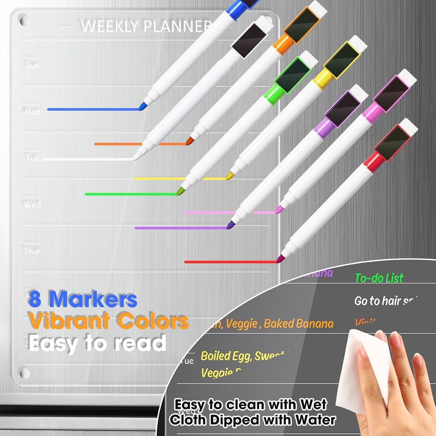 Acrylic Meal Planner Weekly Calendar Menu Board for Kitchen, w/ 8 Markers | Clear Weekly Fridge Calendar Planning Note Board Dry Erase to Do/Grocery/Shopping List/Chore Chart, 12.8x9’’