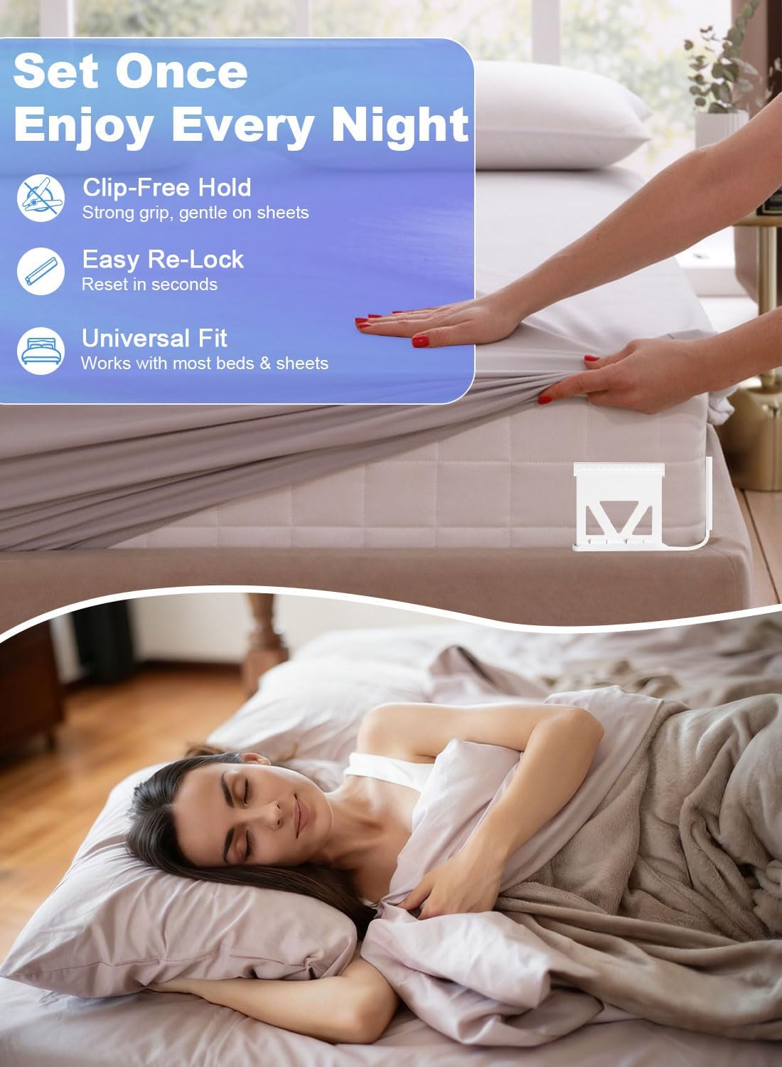 Bed Sheet Holders for Corners, 4PCS Heavy Duty Sheet Locks for Fitted Sheets, Invisible Non-Slip Locking Clips & Corner Grippers to Keep Sheets Firm & Tight, Easy Install, Universal Fit