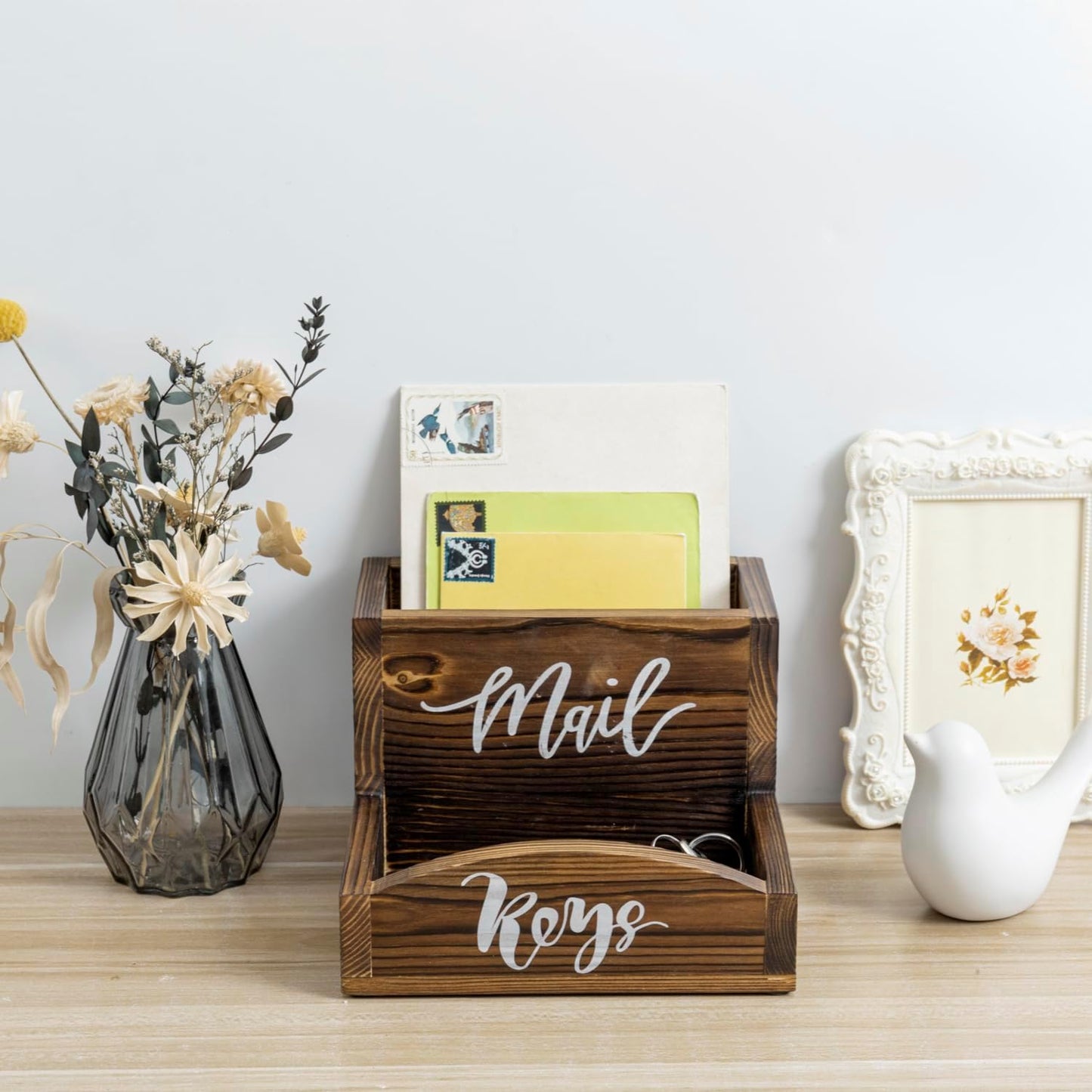 MyGift Rustic Torched Wood Mail Holder and Key Organizer Entryway Storage Tray with Cursive Mail and Keys Word Design, Office, Dorm, Classroom Desktop Organizing Bin