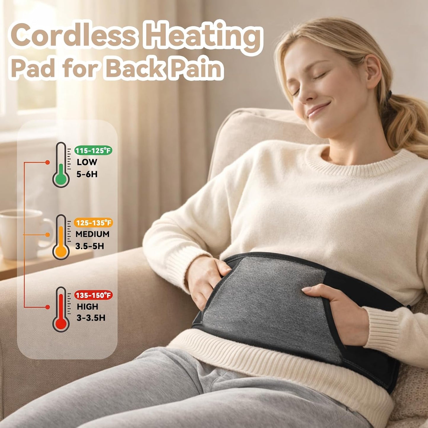 Heated Waist Belt, Cordless Lower Back Heating Pad, Black | Supports both battery-powered and adapter-powered use,Three-level adjustable temperature, rechargeable battery