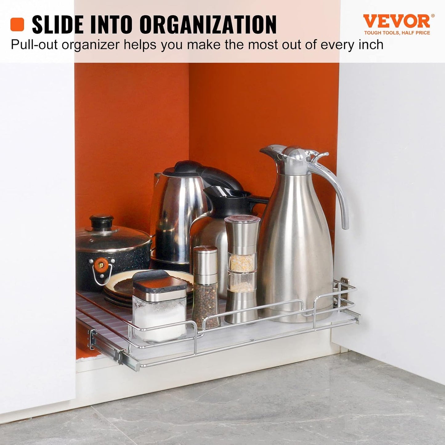 VEVOR 18.5"Wx21"Dx3.5"H Pull Out Cabinet Organizer, Heavy Duty Slide Out Pantry Shelves, Chrome-Plated Steel Roll Out Drawer, Drawer Storage for Home Under Sink, 20"Wx22"Dx7"H Install Size for Cabinet