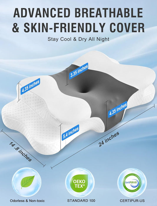 DISSA Cervical Neck Pillow for Side Sleepers Ergonomic Contour Memory Foam Pillow with Adjustable Orthopedic Neck Support for Pain Relief - Gift for Christmas & Birthdays