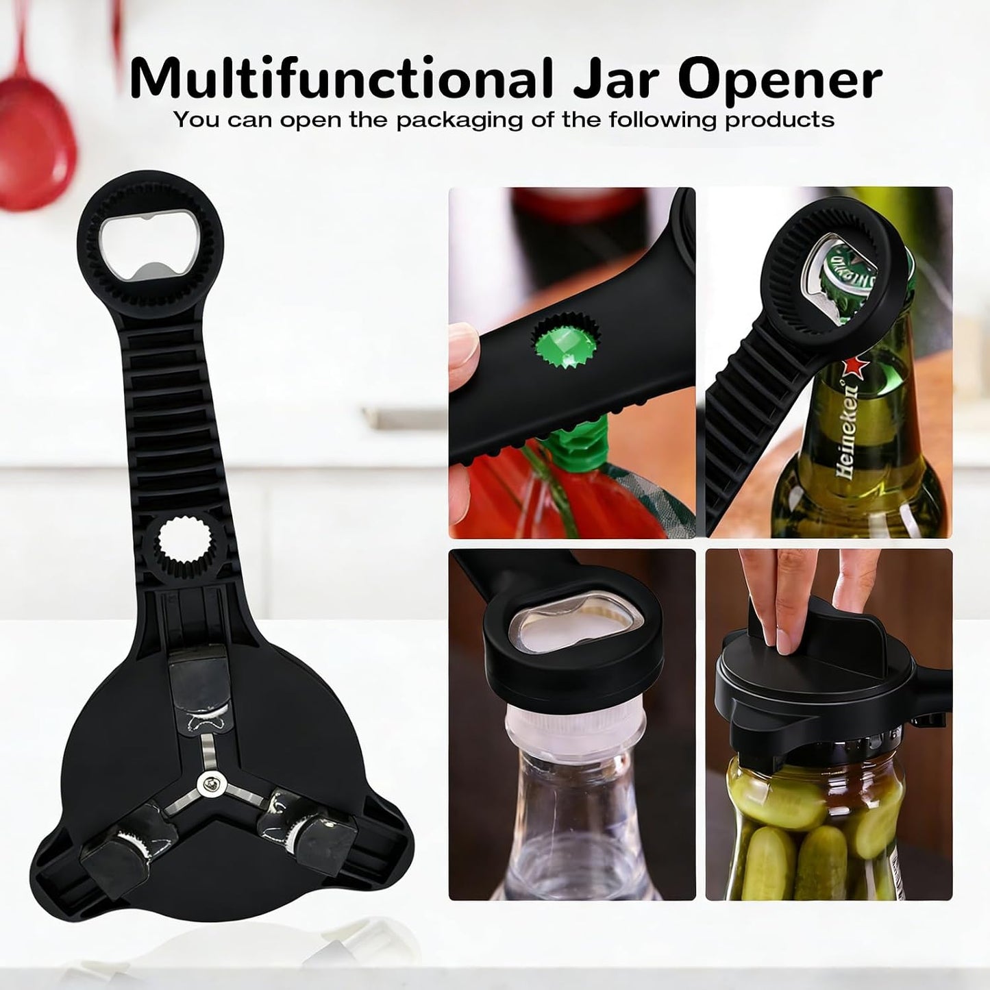 4-in-1 Heavy Duty Jar Opener for Seniors and Weak Hands – Ergonomic Manual Bottle Opener for Small to Large Lids – Multifunction Kitchen Tool for Arthritic Hands, Beer, Sauces & Canned Goods