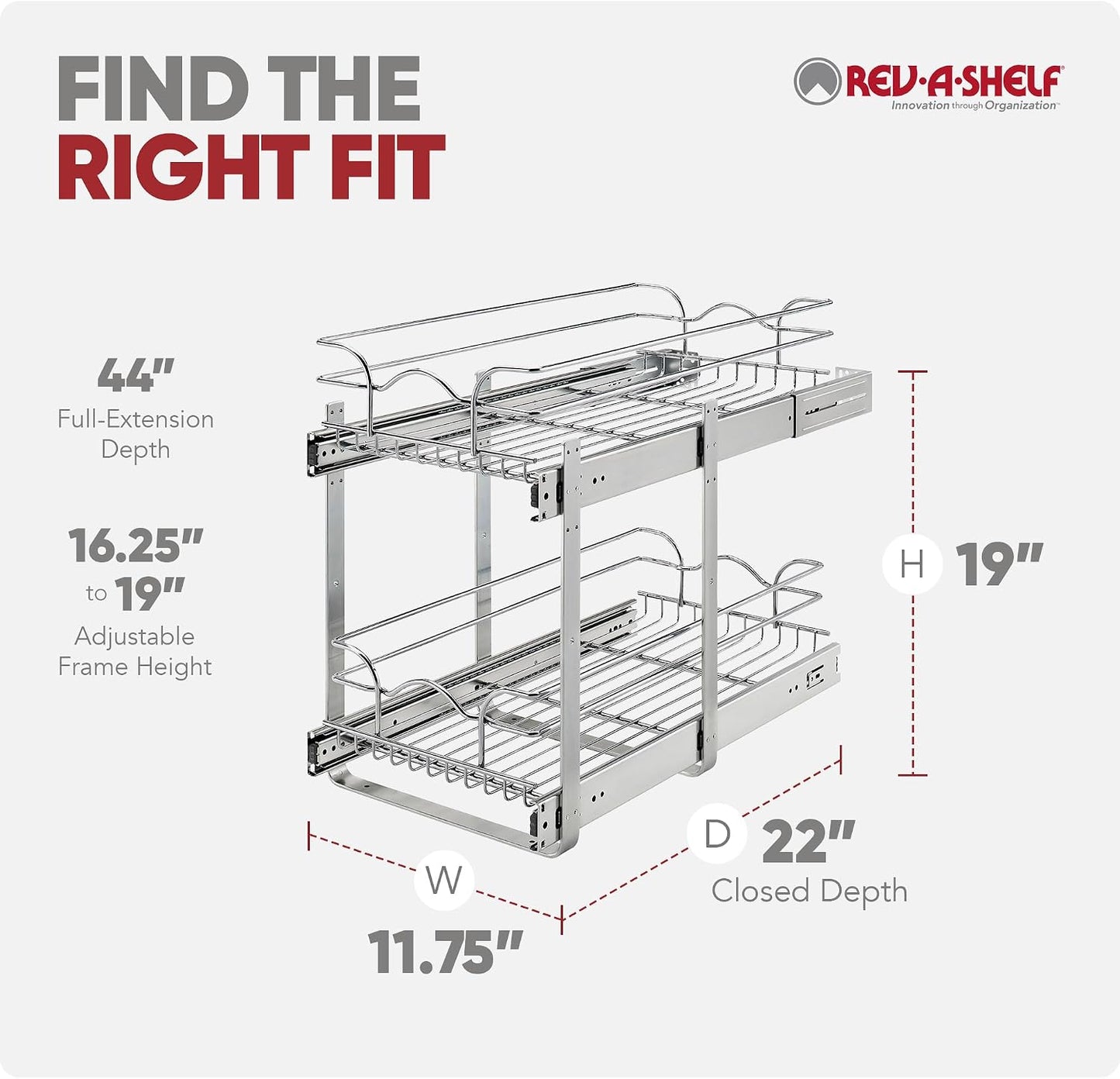 Rev-A-Shelf Pullout Organizer for Cabinets, Min Opening Width of 18" | STwo-Tier Steel Shelf for Kitchen or Vanity Cabinet Organization, Heavy Gauge Wire Slide Out Storage Basket, 5WB2-1822CR-1