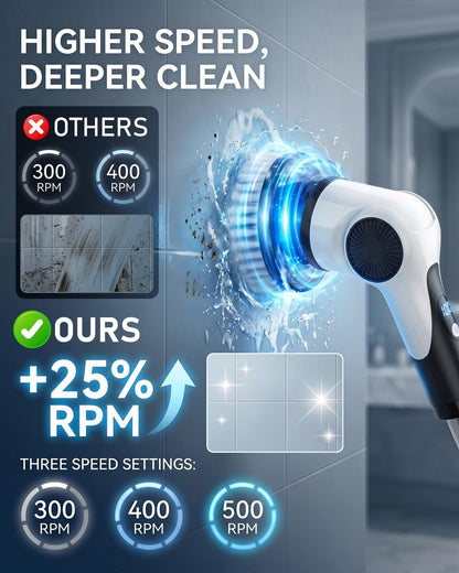 Electric Spin Scrubber, 3-Speed Shower Scrubber with Long Handle & 10 Replaceable Brush Heads, Cordless Full-Body IPX7 Waterproof Shower Cleaner Brush with 90 Mins Runtime for Bathroom