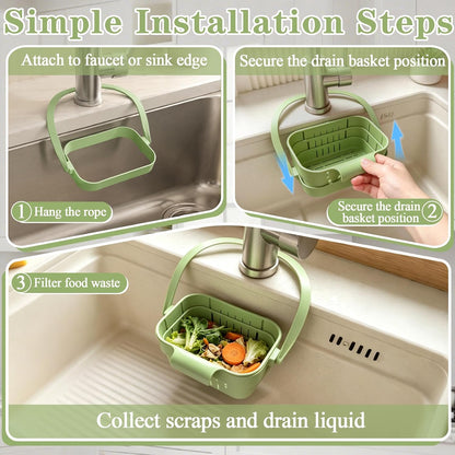 Foldable Hanging Sink Drain Basket, Hanging Sink Basket (Green) | No-Drill Foldable Design Saves Sink Space with Fast Drainage for Food Scraps, Sponge Storage, Fruit Rinsing and Kitchen Use