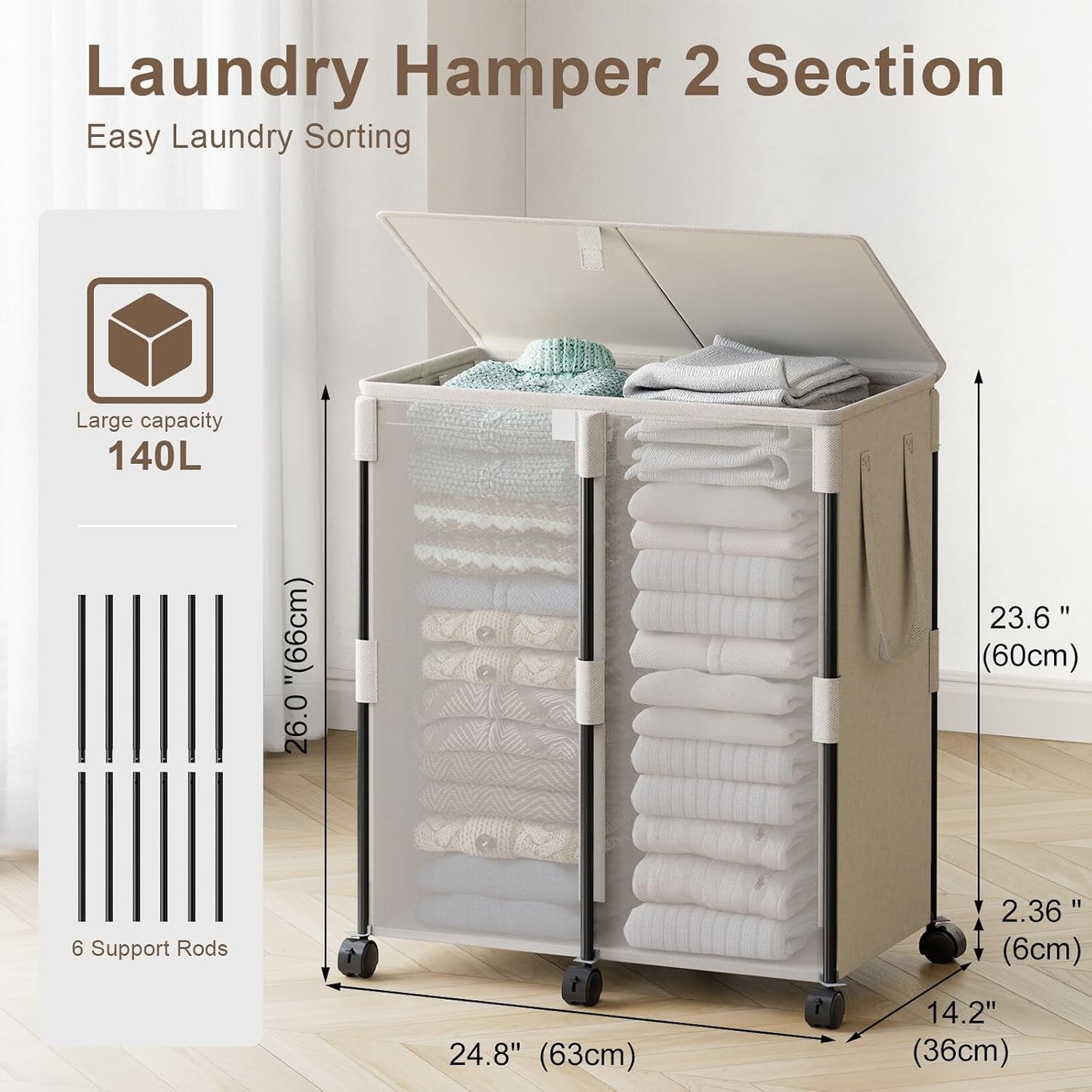 140L Double Laundry Hamper with Lid and 6 Wheels, Rolling Laundry Basket | Gasvadivum Metal Frame Laundry Sorter 2 Section with 2 Removable Bags, Large Clothes Cart for Bedroom, Bathroom, Black