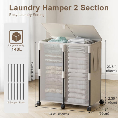 140L Double Laundry Hamper with Lid and 6 Wheels, Rolling Laundry Basket | Gasvadivum Metal Frame Laundry Sorter 2 Section with 2 Removable Bags, Large Clothes Cart for Bedroom, Bathroom, Black