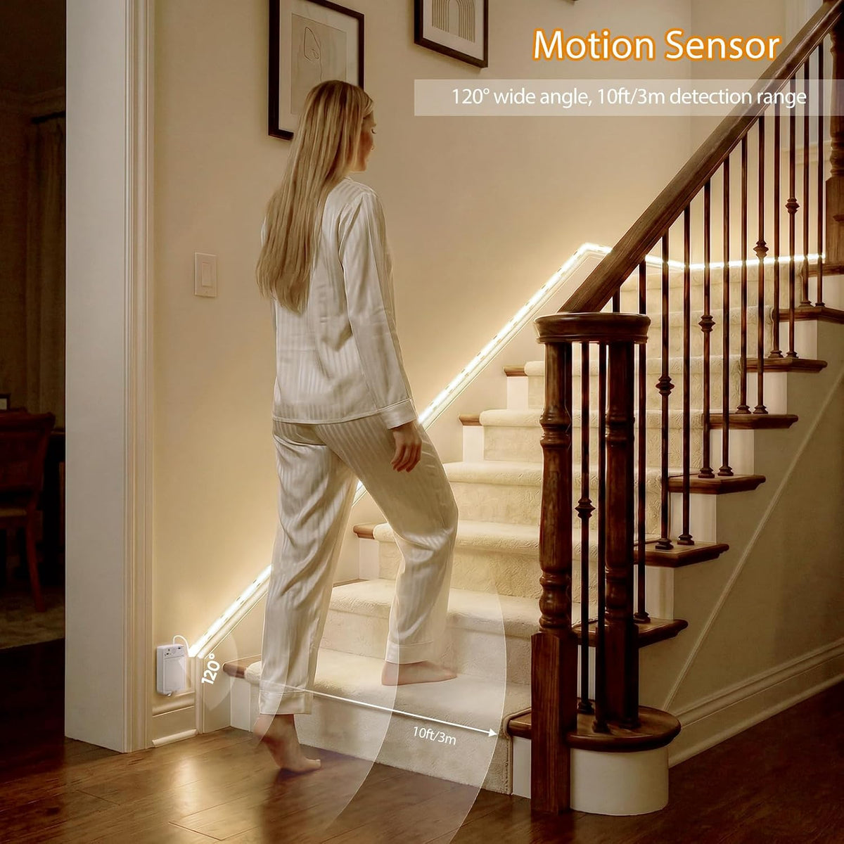 OMIKA Dual Sensor Stair Lights Indoor, Rechargeable 16.4ft LED Strip Light, 150 LEDs Double Motion Activated Under Bed Night Lights for Shelves, Stairway, Closet, Corridor, Bedroom, 6000K Cool White