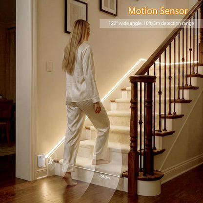 OMIKA Dual Sensor Stair Lights Indoor, Rechargeable 16.4ft LED Strip Light, 150 LEDs Double Motion Activated Under Bed Night Lights for Shelves, Stairway, Closet, Corridor, Bedroom, 6000K Cool White
