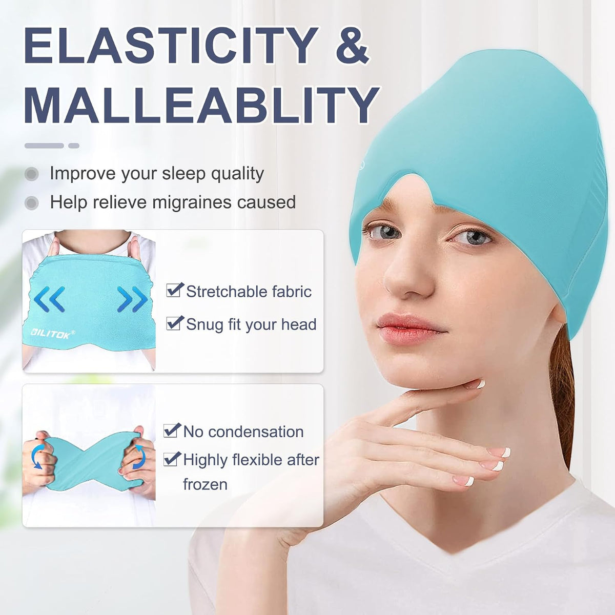 Migraine Headache Relief Cap, Gel Ice Head Wrap, Hot and Cold Therapy, Headache Eyes Mask for Sinus, Puffy Eyes, Tension and Stress Relief (Blue)