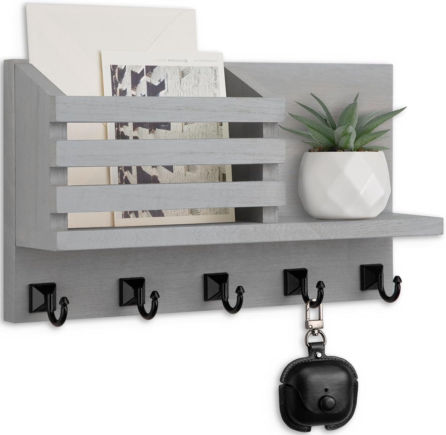 Key Holder Wall Mount, Mail Organizer for Wall with 5 Square Key Hooks | Key Holder for Wall, Key Holder with Shelf Farmhouse Home Decor for Home Entryway