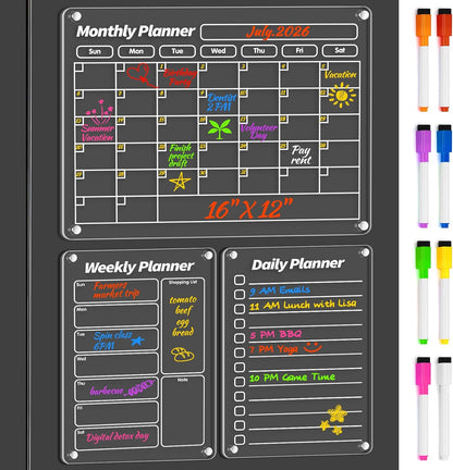 FINDMAG 4 Pack Fridge Calendar, Magnetic Calendar for Dry Erase, Black | Magnetic Dry Erase Board, Monthly Calendar for Fridge with 8 Markers & Eraser