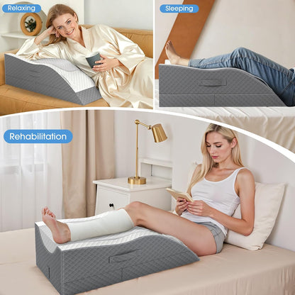 TranquilRelax Leg Elevation Pillows for After Surgery, Wedge Pillow, Grey | Memory Foam, All-around Knee & Ankle Support for Swelling, Height-adjustable, Nop-Slip Bottom, Washable Cover, Single-leg
